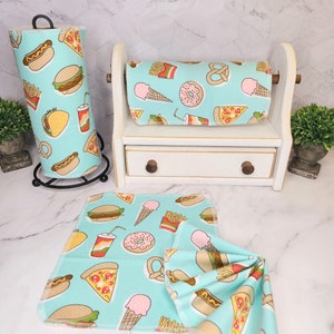 Junk Food. Set of 25 Flannel Reusable Paper Towels (24 Towels + 1 Mesh Insert). Zero Waste. 1 Ply.
