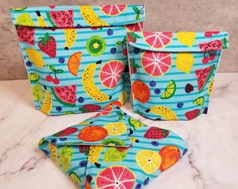 Snack Bags & Sandwich Wraps. Eco-Friendly, Food Safe, Reusable, Waterproof, Washable. FRUIT STRIPES