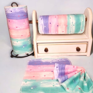 Pastel Tie Dye Hearts. Set of 25 Flannel Reusable Paper Towels (24 Towels + 1 Mesh Insert). Zero Waste. 1 Ply