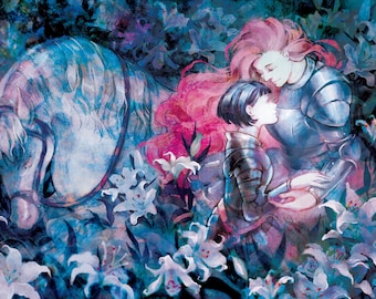 May include: A painting of two people in armor, embracing in a field of white lilies. The woman on the left has short dark hair and is wearing a dark blue armor. The woman on the right has long pink hair and is wearing silver armor. A white horse is partially visible in the background.
