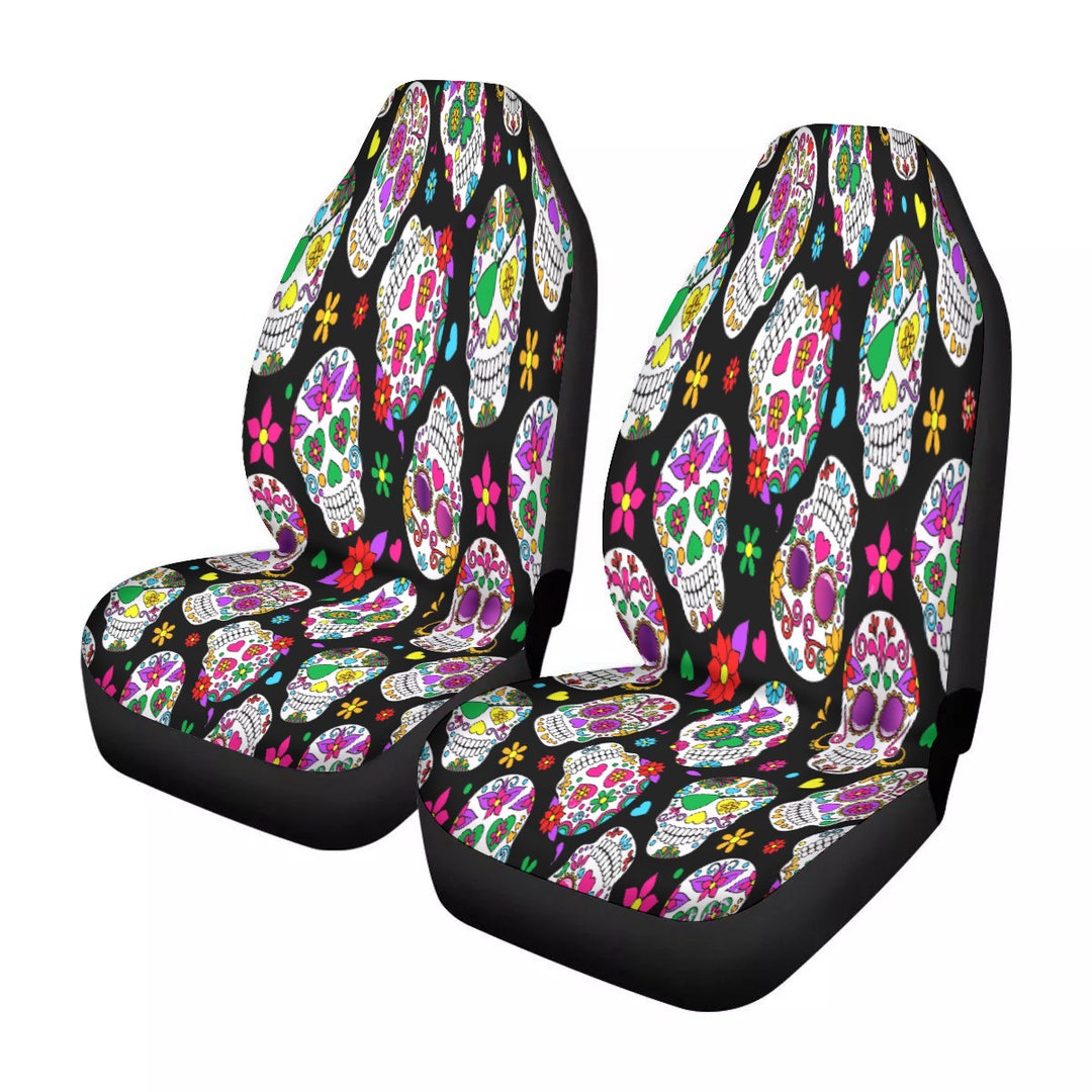 Sugar Skull Skeleton Girly Floral Pattern Print Universal Fit Car Seat Cover