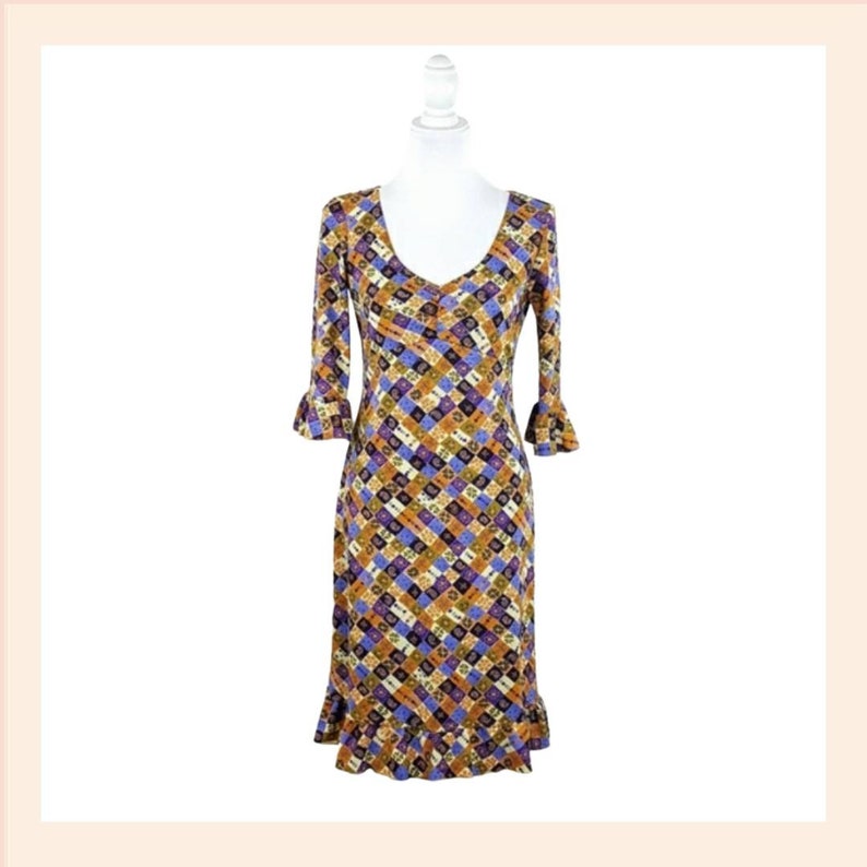 Vintage Jonathan Martin Medium Gypsy Boho Hippie Patchwork Purple Orange Green Blue Yellow Paisley Floral Ruffle Flowy Midi Women Dress