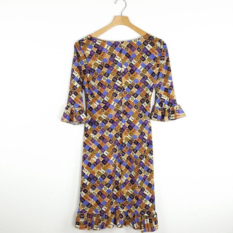 Vintage Jonathan Martin Medium Gypsy Boho Hippie Patchwork Purple Orange Green Blue Yellow Paisley Floral Ruffle Flowy Midi Women Dress