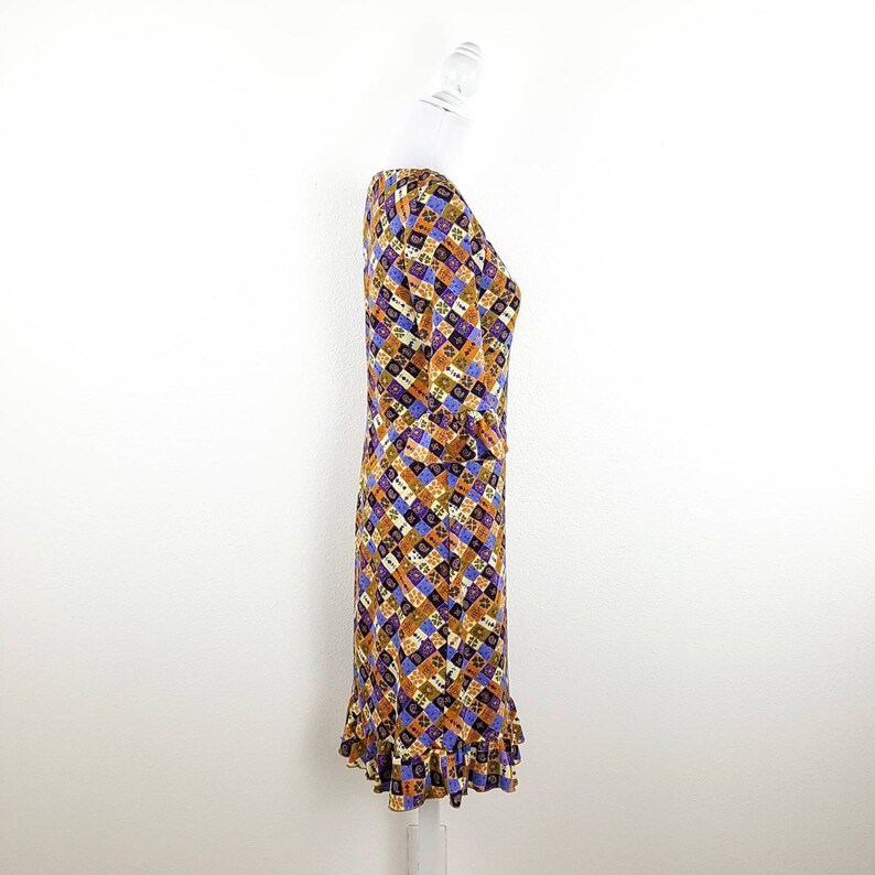 Vintage Jonathan Martin Medium Gypsy Boho Hippie Patchwork Purple Orange Green Blue Yellow Paisley Floral Ruffle Flowy Midi Women Dress