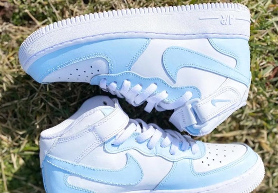 Custom Painted Nike Air Force One Mid-top Light Blue Sneakers 