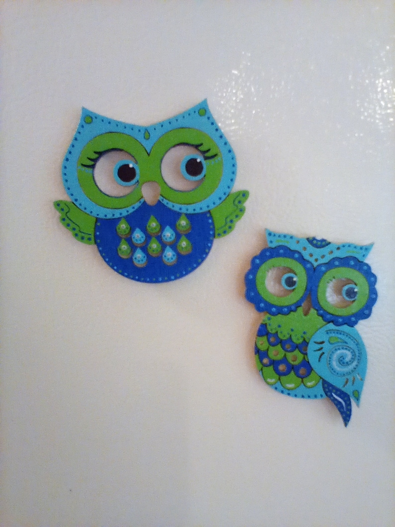 Hand painted wooden owl magnets set of 2