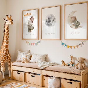 Bear Nursery Wall Art Set of 3 | Custom Baby Name Print | To the Moon and Back Quote | Digital Download Baby Room Decor