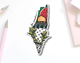 Palestine Map Sticker | Watermelon, Dome of the Rock, Keffiyeh & Olive Design | Waterproof Vinyl Sticker | Islamic Inspired Art