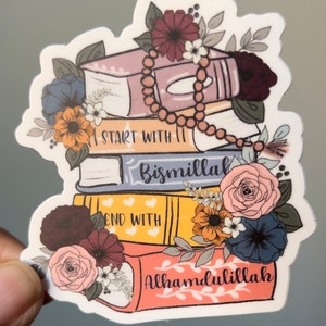 May include: A sticker with a stack of books decorated with flowers and a string of beads. The books have the words "Start with Bismillah" and "End with Alhamdulillah" on them.