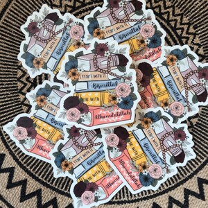 May include: A set of six colorful stickers featuring a stack of books with floral accents and the text "I start with Bismillah" and "End with Alhamdulillah".