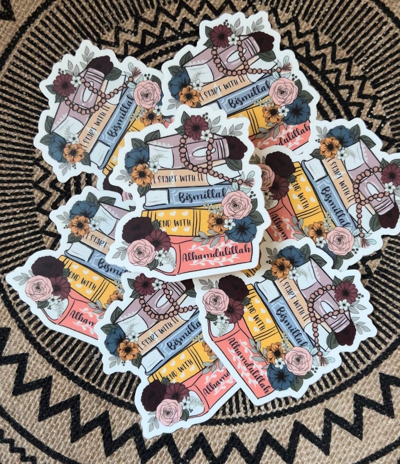 May include: A set of six colorful stickers featuring a stack of books with floral accents and the text "I start with Bismillah" and "End with Alhamdulillah".