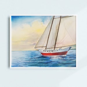 Sailboat at Sunset Watercolor Painting Digital Print