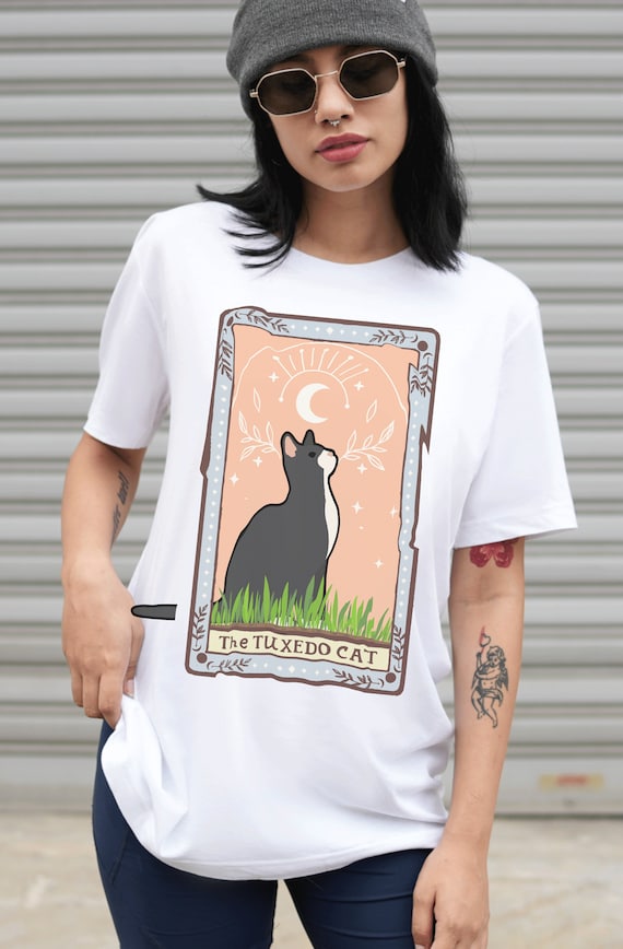 Tarot Shirt Goth Tuxedo Cat Shirt Cat Themed Gift Cat Mom Cat Dad Mystical Shirt Cute Cat Shirt Occult Shirt Black and White Cat Tarot Shirt
