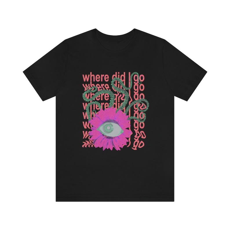 May include: Black t-shirt featuring a pink flower with an eye in the centre. The flower is surrounded by green vines and the text "where did I go" is repeated in pink.