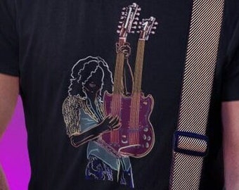 Jimmy Page Doubleneck T-Shirt Black Unisex for Led Zeppelin Music Fans - Original Line Art