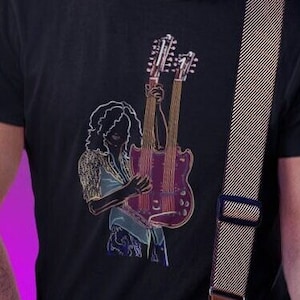Jimmy Page Doubleneck T-Shirt Black Unisex for Led Zeppelin Music Fans - Original Line Art