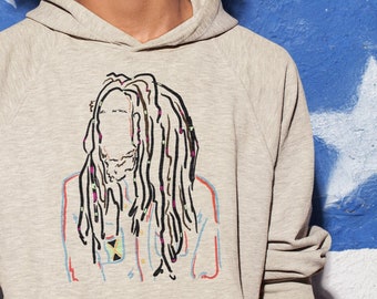 Bob Marley Hoodie Pull Over Unisex Tan Grey Blue for Jamaican Rasta Music Fans- Original Art