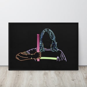 May include: A line drawing of a person with long hair holding two drumsticks in front of them. The drawing is in neon colors on a black background.
