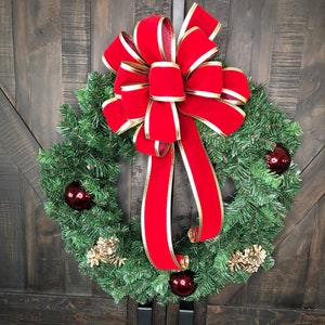 Traditional Front Door Wreath for Christmas, Classic Christmas Wreath with Red Velvet Ribbon,Timeless Traditional Christmas Decor