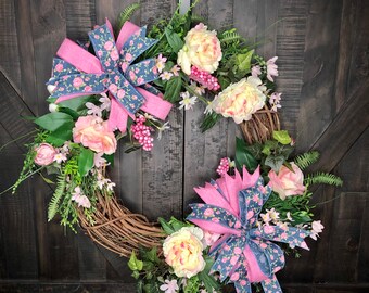 Spring Peony Wreath: Pink & Blue Floral Farmhouse Decor