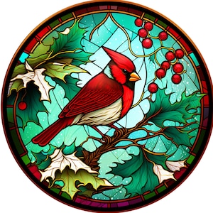 Metal Christmas Wreath Sign, Stained Glass Sign, Stained Glass Inspired Christmas Cardinal Sign, Cardinal Wreath Sign, Christmas Cardinal