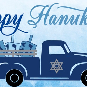 Happy Hanukkah Wreath Sign, 12&quot; Metal Hanukkah Sign, Sign For Wreath, Antique Blue Truck, Farmhouse Hanukkah Wreath Sign