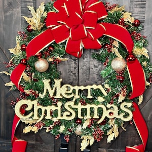 Classic Red And Gold Merry Christmas Wreath For Front Door, Country Christmas, Holiday Wall Decor, Traditional Christmas