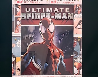 May include: A comic book cover featuring Ultimate Spider-Man in a red and blue suit, with a black background. The cover has the title "Ultimate Spider-Man" in large, white letters.