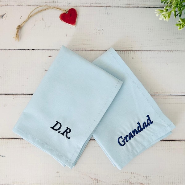 Personalised Handkerchief Embroidered Blue, Name, Initials, Wedding Handkerchiefs Brides, Grooms, Best Man, Organic Cotton, Custom Gift Men