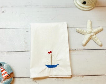 Embroidered Boat Organic Cotton White Hankerchief - Men/Women Gift - Personalised Name/Initials - Eco Friendly-Hanky/Pocket Square-UK