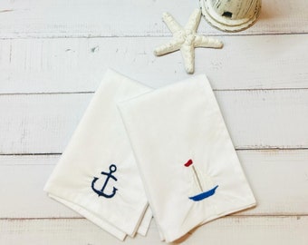 Embroidered Boat/Anchor Organic Cotton White Hankerchief - Men/Women Gift - Personalised Name/Initials - Eco Friendly-Hanky/Pocket Square-UK