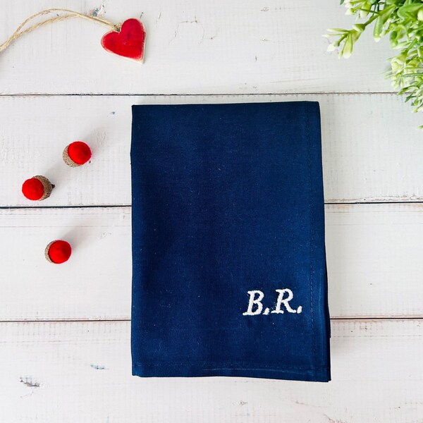 Personalised Handkerchief Embroidered Navy, Name, Initials, Wedding Handkerchiefs Brides, Grooms, Best Man, Organic Cotton, Custom Gift Men