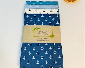 Handmade 100% Cotton Anchors Handkerchief - Perfect Christmas Gift - Women/Men/Wedding- Sustainable -  Hanky/Hankies/Pocket Square UK