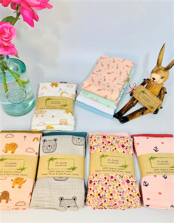 Organic Cotton Muslin Burp Cloths | Set of 2 | Baby Comforter | Face Cloths |  New Baby | Baby Shower Gif | Handmade|25x30cm/23x23cm/15x15cm