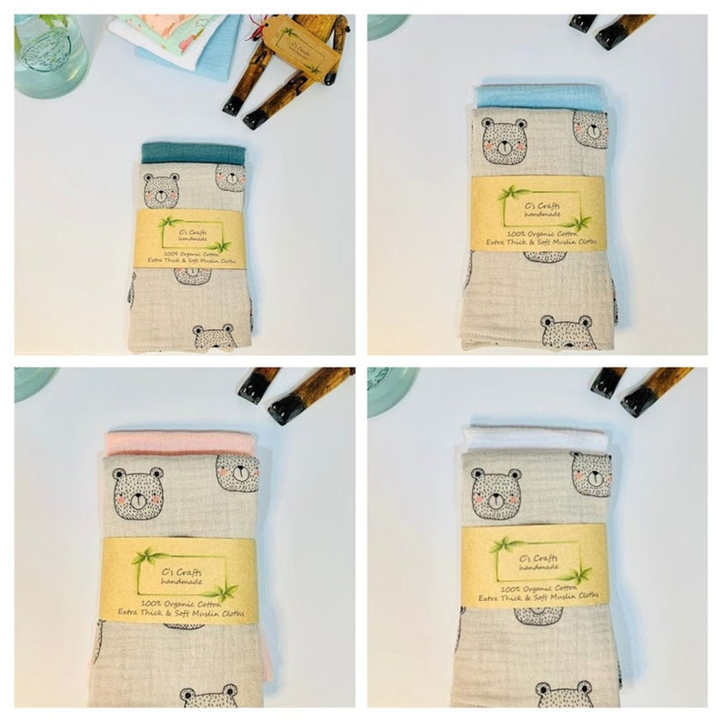 Organic Cotton Muslin Burp Cloths | Set of 2 | Baby Comforter | Face Cloths | New Baby | Baby Shower Gif | Handmade|25x30cm/23x23cm/15x15cm bild 2