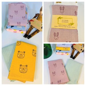 Organic Cotton Muslin Burp Cloths | Set of 2 | Baby Comforter | Face Cloths | New Baby | Baby Shower Gif | Handmade|25x30cm/23x23cm/15x15cm bild 4