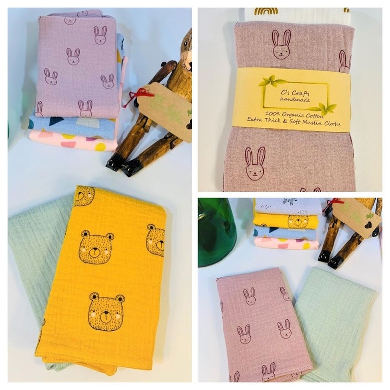 Organic Cotton Muslin Burp Cloths | Set of 2 | Baby Comforter | Face Cloths | New Baby | Baby Shower Gif | Handmade|25x30cm/23x23cm/15x15cm bild 4