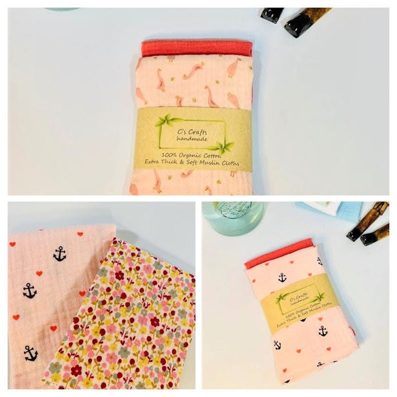 Organic Cotton Muslin Burp Cloths | Set of 2 | Baby Comforter | Face Cloths | New Baby | Baby Shower Gif | Handmade|25x30cm/23x23cm/15x15cm bild 9