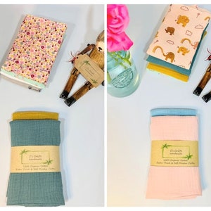 Organic Cotton Muslin Burp Cloths | Set of 2 | Baby Comforter | Face Cloths | New Baby | Baby Shower Gif | Handmade|25x30cm/23x23cm/15x15cm bild 6
