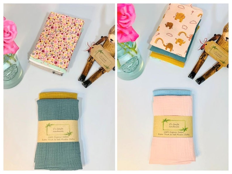 Organic Cotton Muslin Burp Cloths | Set of 2 | Baby Comforter | Face Cloths | New Baby | Baby Shower Gif | Handmade|25x30cm/23x23cm/15x15cm bild 6