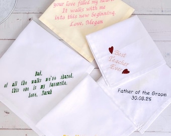 Personalised Embroidered Handkerchief, Organic Cotton Wedding Hanky, Wedding Gift for Her&Him, Your Own Text