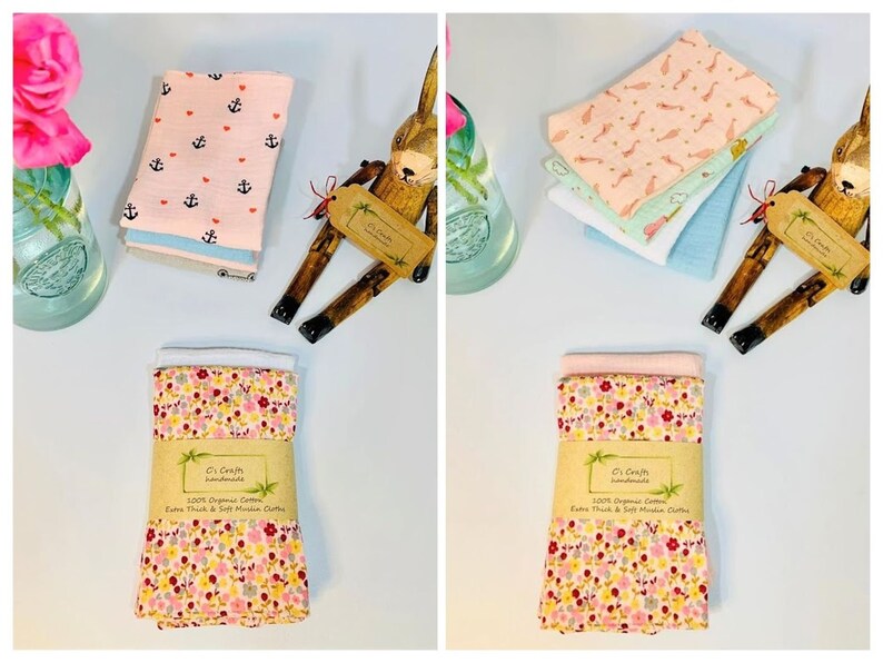 Organic Cotton Muslin Burp Cloths | Set of 2 | Baby Comforter | Face Cloths | New Baby | Baby Shower Gif | Handmade|25x30cm/23x23cm/15x15cm bild 5