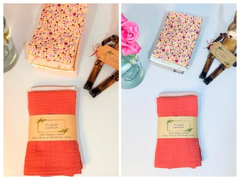 Organic Cotton Muslin Burp Cloths | Set of 2 | Baby Comforter | Face Cloths | New Baby | Baby Shower Gif | Handmade|25x30cm/23x23cm/15x15cm bild 7
