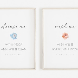 Bathroom Bible Verse Art Print Set of 2, Cleanse me Wash me Wall Art, Scripture Poster, Christian Home Decor, Aesthetic Washroom Sign
