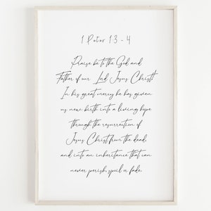 1 Peter 1:3-4 Print, Bible Verse Wall Art, Praise be to the God Art Print, Modern Scripture, Living Hope Printable, Christian Gift Decor