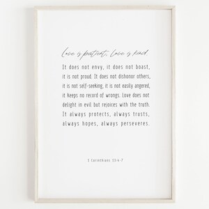 Bijbelvers Poster, Liefde is geduldige liefde is vriendelijk Print, 1 Korintiërs 13:4-7 Print, Christelijke Schrift, Slaapkamer Decor, Quote Printable