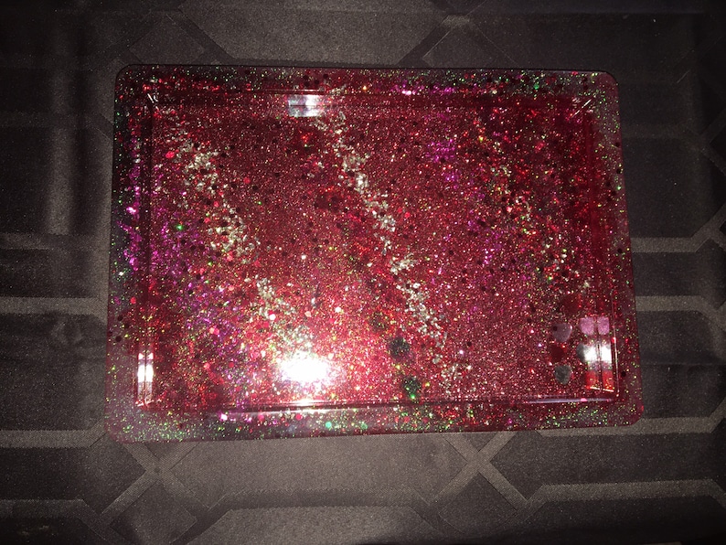 red pink and silver glass Serving TrayDecorative Trayrolling tray:Made of Pure Resin and Crushed Glass Deep red and pink