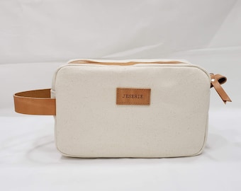 Canvas Cosmetic Bag with Leather Trim, Handmade Toiletry Bag