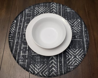 Black Round Placemat, Mali Mudcloth Print, Made in USA