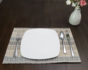 Block Print Placemat, Natural Color Placemat, Neutral Placemats, Multi Color Placemats, Rectangular Placemats, Made in USA, 1 pc.